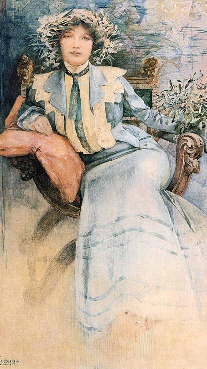Alfons Mucha - Portrait of Mme. Mucha with Mistletoe 1080x1920