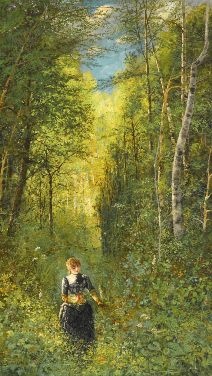 ヴィクトル・ヴァスネツォフ Viktor Vasnetsov - Girl Gathering Flowers in the Woods 1080x1920