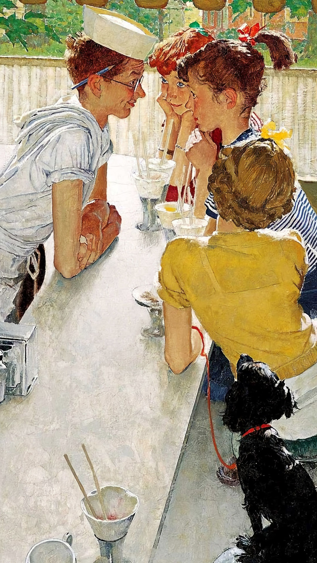 Norman Rockwell - Group of girls chat with a waiter 1080x1920