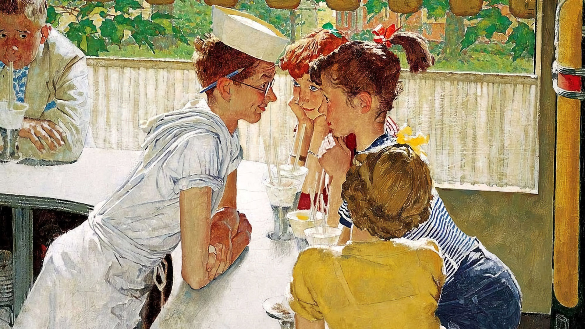 Norman Rockwell - Group of girls chat with a waiter 1920x1080
