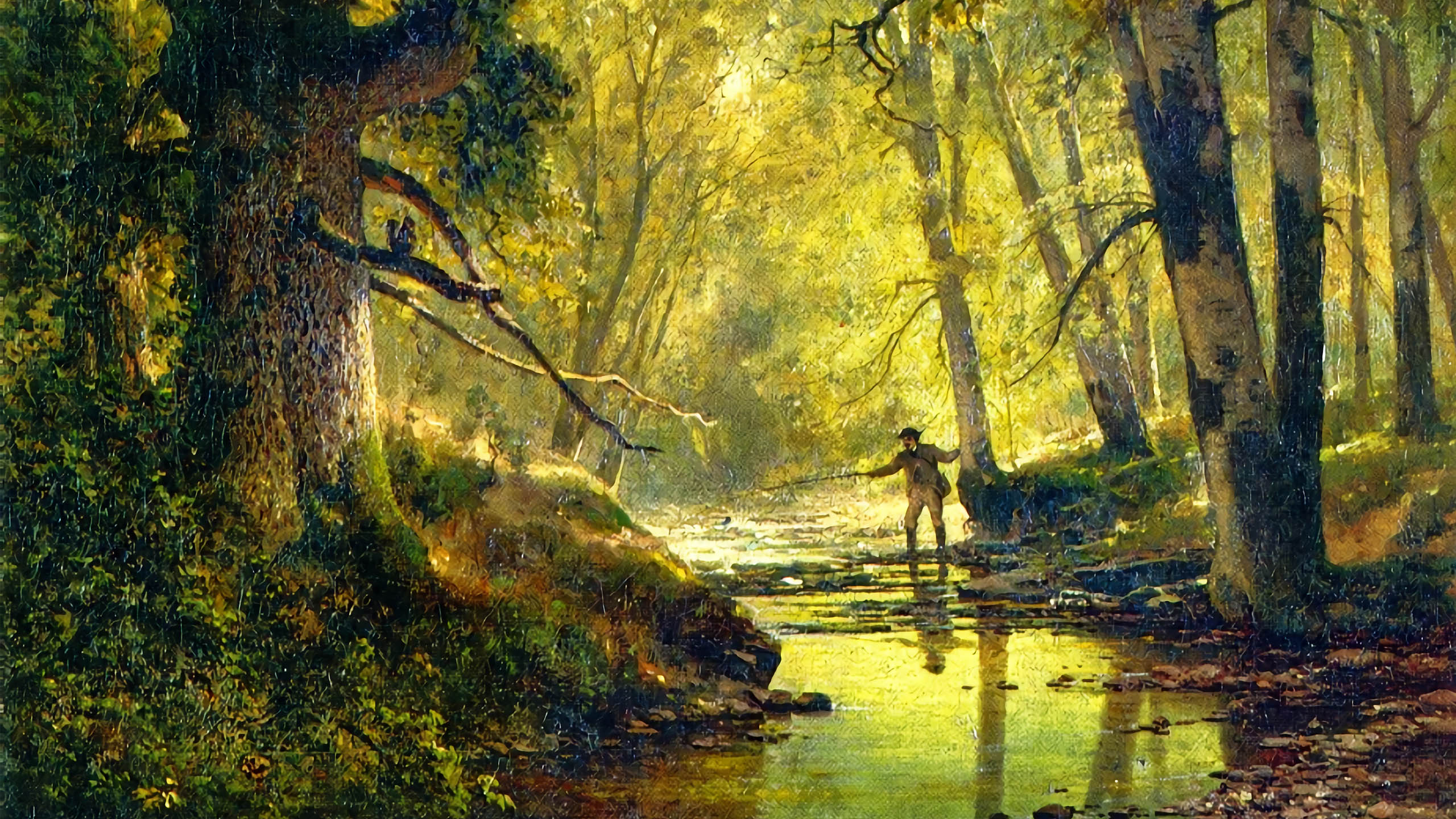 Thomas Hill - Angler in a Forest Interior 2560x1440