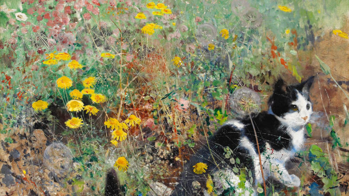 Bruno Liljefors - Cat on flowerbed 2560x1440